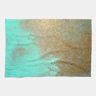 Turquoise and Gold Abstract Beach Wave Glitter Kitchen Towel