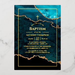 Turquoise and Gold Agate Baptism Foil Invitation
