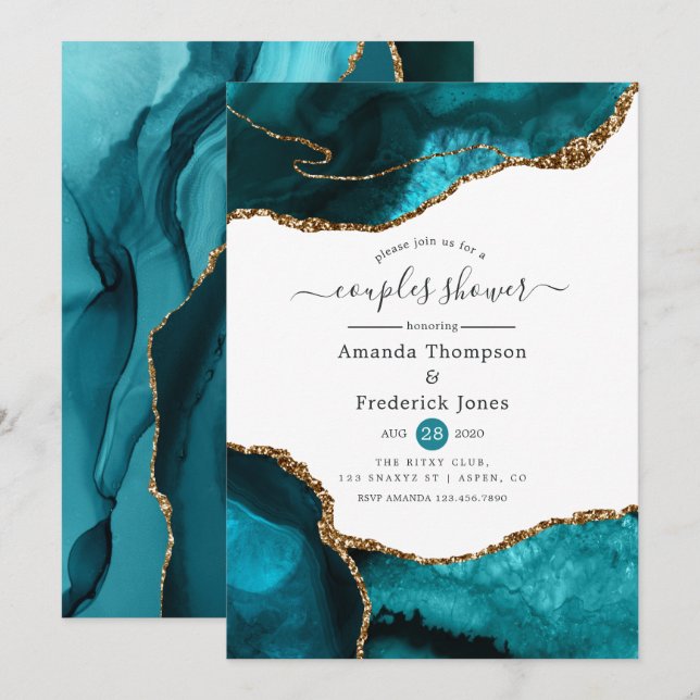 Turquoise and Gold Agate Couples Shower Invitation (Front/Back)