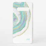 Turquoise and Gold Agate Pattern with Monogram Samsung Galaxy S10  Case<br><div class="desc">A beautiful nature-inspired pattern in trendy modern colors, this design features a marble banded agate pattern in aqua, turquoise, purple and gold over a white background. A text template is included for personalizing with your monogram initials or other desired text. You can also delete the sample monogram entirely if you...</div>