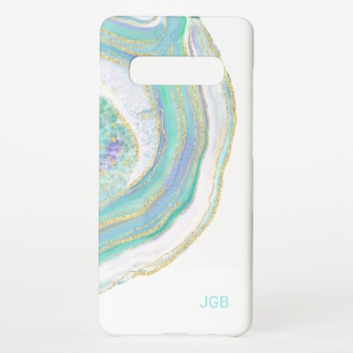 Turquoise and Gold Agate Pattern with Monogram Samsung Galaxy S10 Case