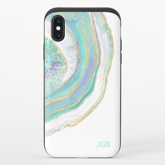 Turquoise and Gold Agate Pattern with Monogram Uncommon iPhone Case (Back)