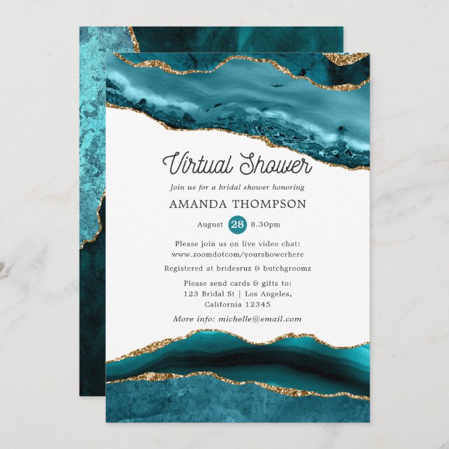 Turquoise and Gold Agate Virtual Bridal Shower Invitation (Front/Back)