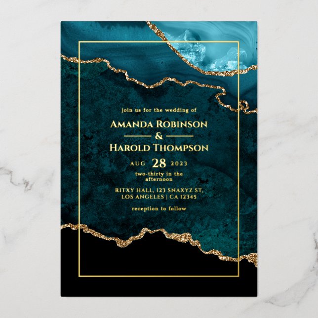 Turquoise and Gold Agate Wedding Foil Invitation (Front)