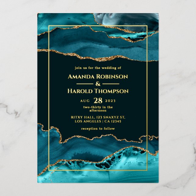 Turquoise and Gold Agate Wedding Foil Invitation (Front)