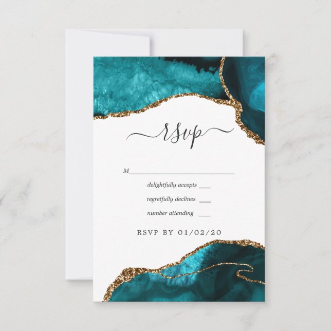 Turquoise and Gold Agate Wedding RSVP Card (Front)