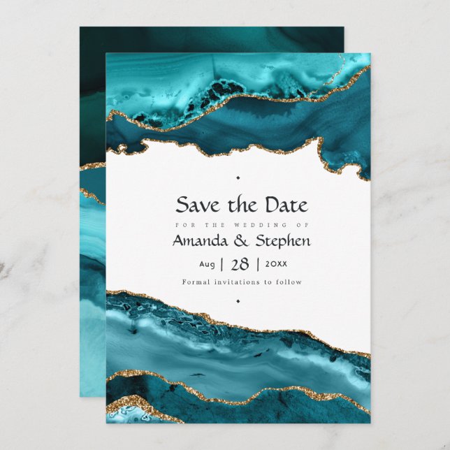 Turquoise and Gold Agate Wedding Save The Date (Front/Back)