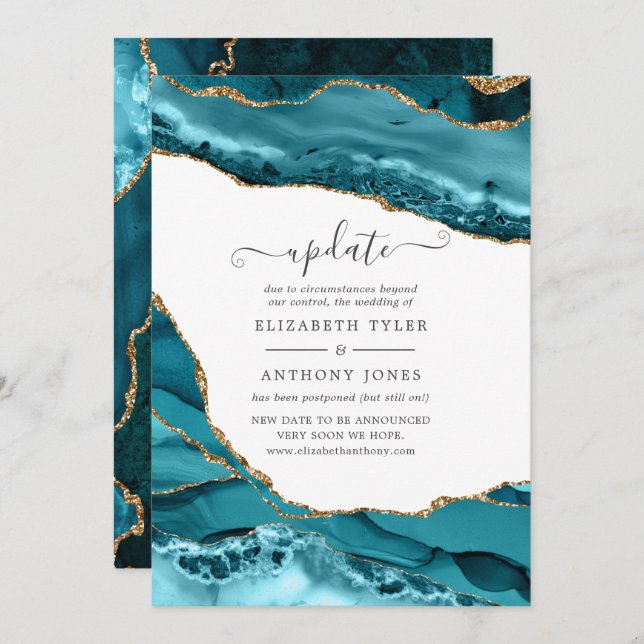 Turquoise and Gold Agate Wedding Update Invitation (Front/Back)