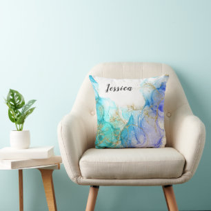 Turquoise and Gold Alcohol Ink & Name Throw Pillow
