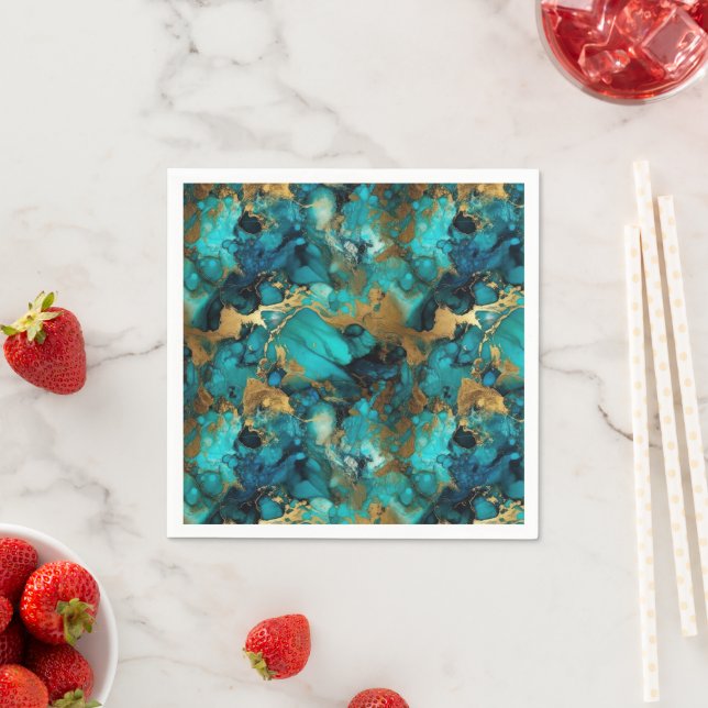 Turquoise and Gold Alcohol Ink Napkins (Insitu)