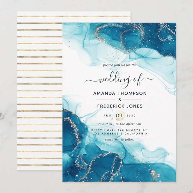 Turquoise and Gold Alcohol Ink Wedding Invitation (Front/Back)