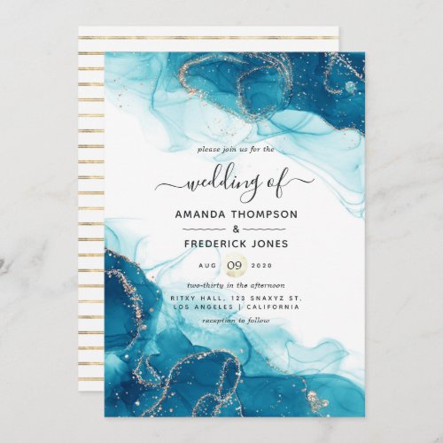 Turquoise and Gold Alcohol Ink Wedding Invitation