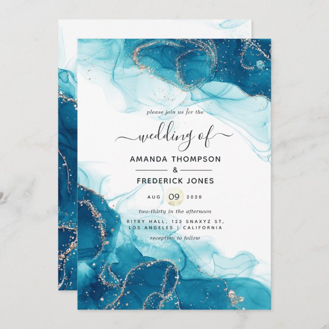 Turquoise and Gold Alcohol Ink Wedding Invitation (Front/Back)