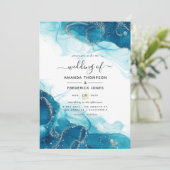 Turquoise and Gold Alcohol Ink Wedding Invitation (Standing Front)