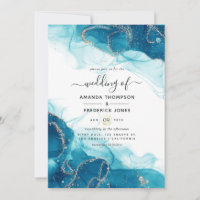 Turquoise and Gold Alcohol Ink Wedding Invitation