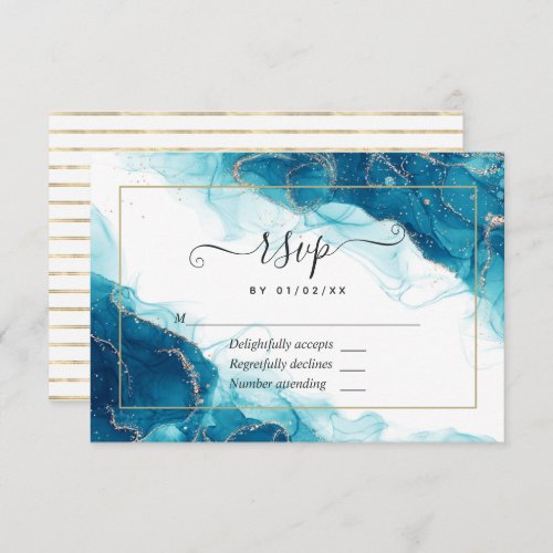 Turquoise and Gold Alcohol Ink Wedding RSVP Card