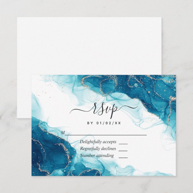 Turquoise and Gold Alcohol Ink Wedding RSVP Card (Front/Back)