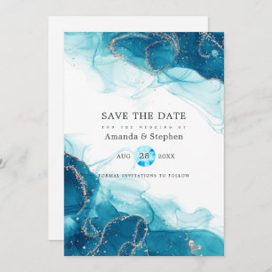 Turquoise and Gold Alcohol Ink Wedding Save The Date