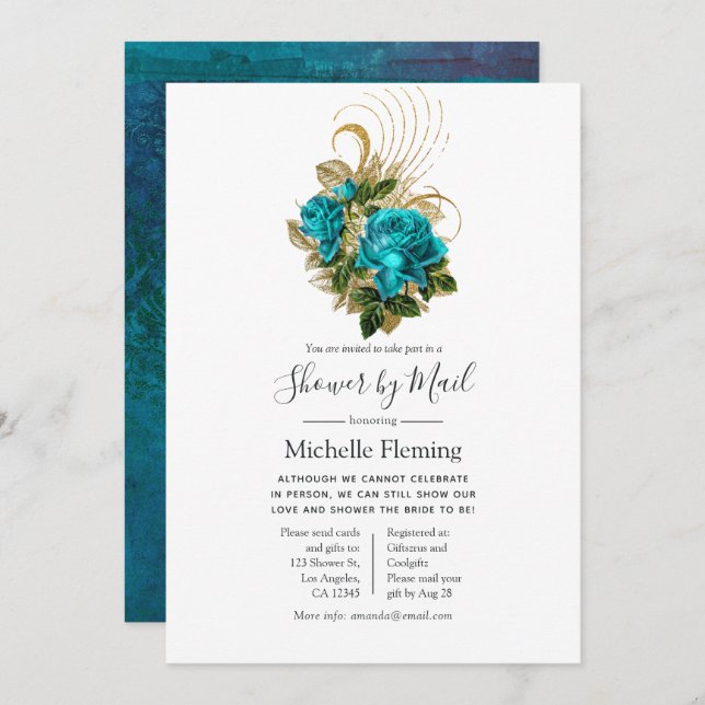 Turquoise and Gold Baby or Bridal Shower by Mail Invitation (Front/Back)