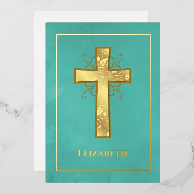  Turquoise and Gold Baptism/Christening Filigree Foil Invitation (Front/Back)