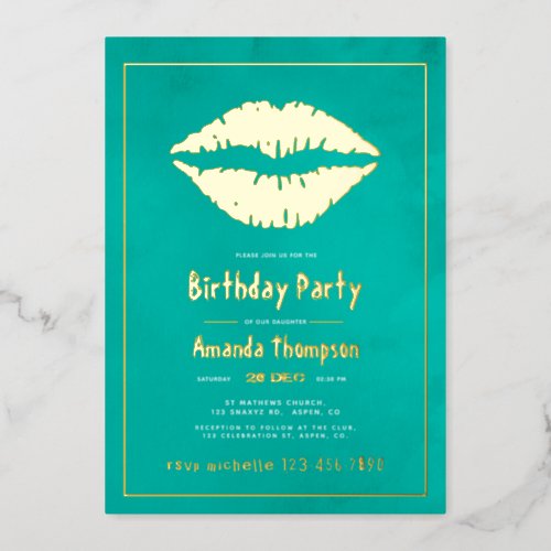Turquoise and Gold Birthday Kiss Lips Foil Invitation