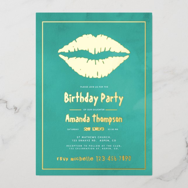 Turquoise and Gold Birthday Kiss Lips Foil Invitation (Front)