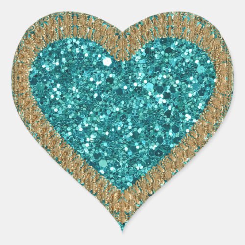 Turquoise and gold bling heart sticker