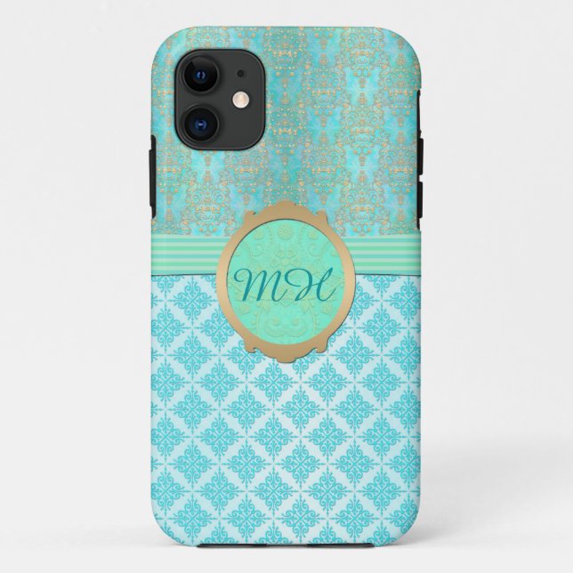 Turquoise and Gold Damask Custom Monogram Pattern Case-Mate iPhone Case (Back)