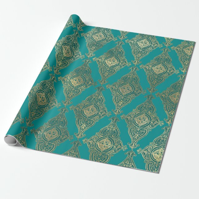 Turquoise and Gold Damask Pattern Wrapping Paper (Unrolled)
