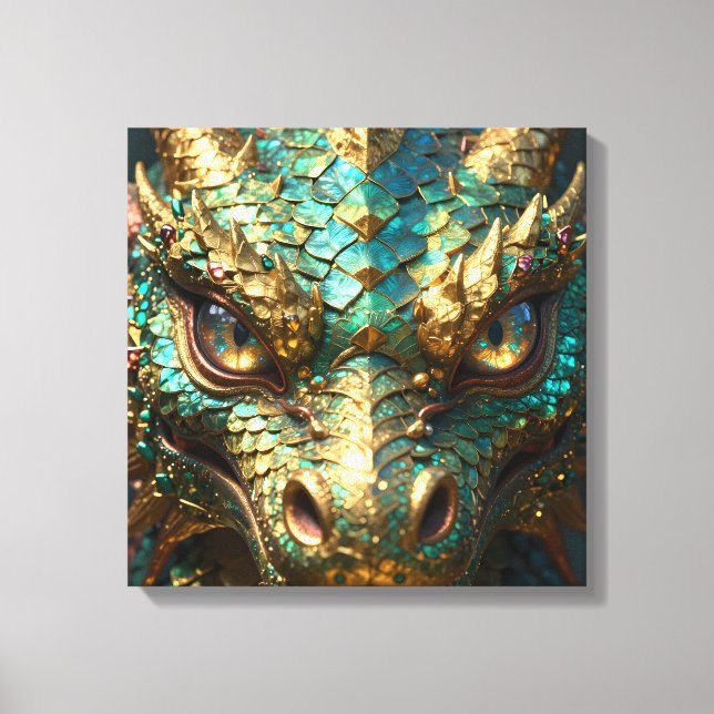 Turquoise and Gold Dragon Face Canvas Print (Front)