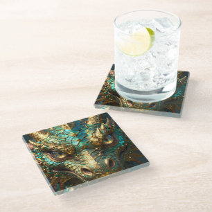 Turquoise and Gold Dragon Face Glass Coaster