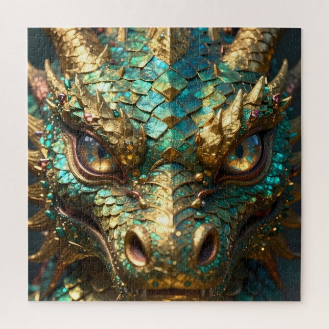 Turquoise and Gold Dragon Face Jigsaw Puzzle (Vertical)