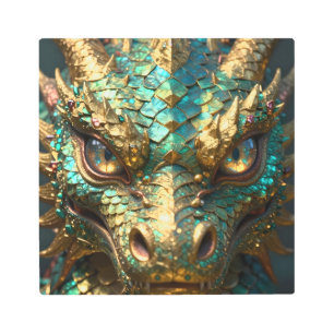 Turquoise and Gold Dragon Face Metal Print