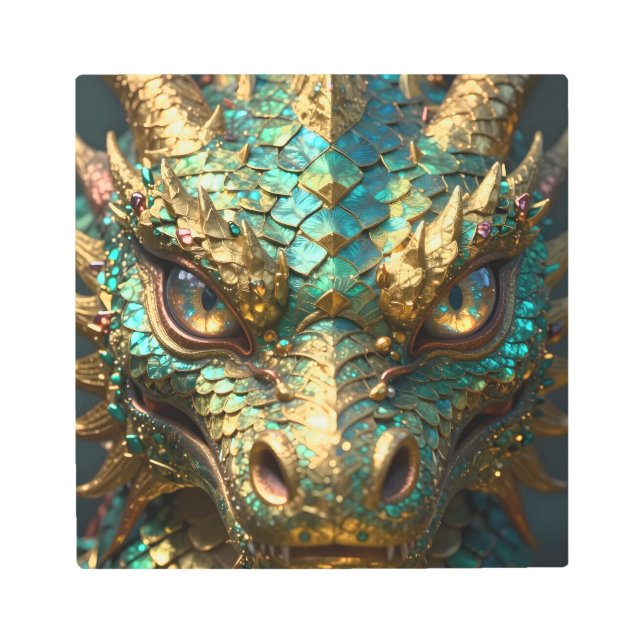Turquoise and Gold Dragon Face Metal Print (Front)