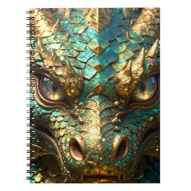 Turquoise and Gold Dragon Face Notebook (Front)
