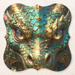 Turquoise and Gold Dragon Face Paper Coaster