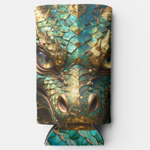 Turquoise and Gold Dragon Face Seltzer Can Cooler