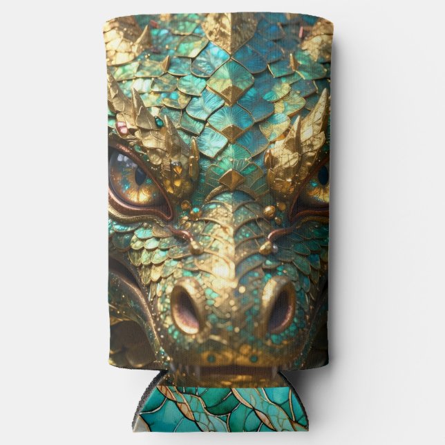 Turquoise and Gold Dragon Face Seltzer Can Cooler (Front)