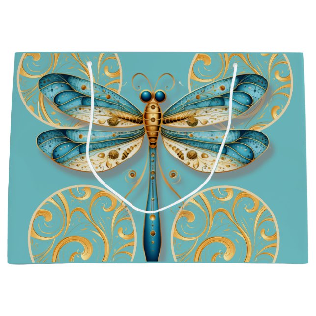 Turquoise and Gold Dragonfly Large Gift Bag (Front)