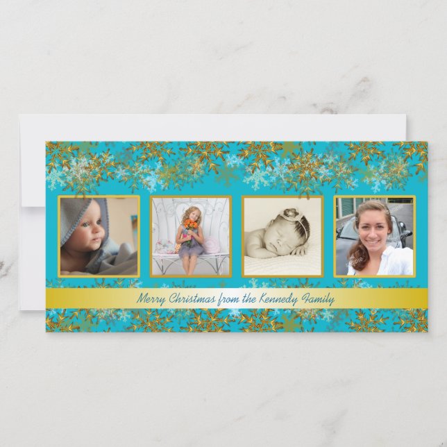Turquoise and Gold Family Photo Christmas Card (Front)