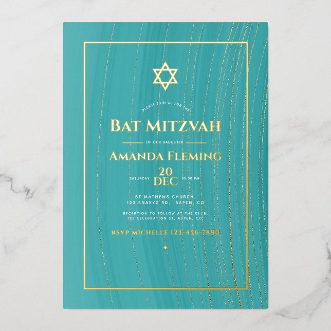 Turquoise and Gold Faux Agate Bat Mitzvah Photo Fo Foil Invitation (Front)