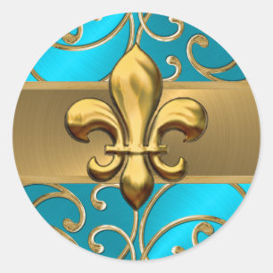 Turquoise and Gold Filigree Swirls Fleur de Lis Classic Round Sticker