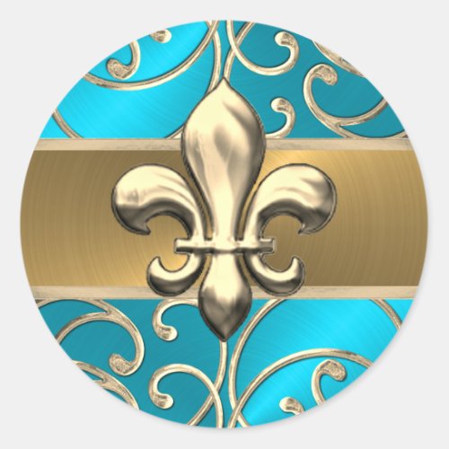 Turquoise and Gold Filigree Swirls Fleur de Lis Classic Round Sticker