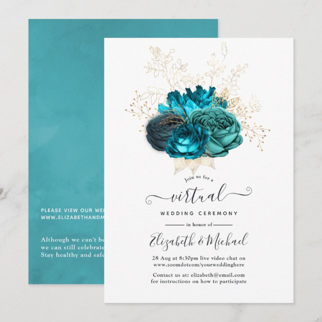 Turquoise and Gold Floral Online Virtual Wedding Invitation (Front/Back)