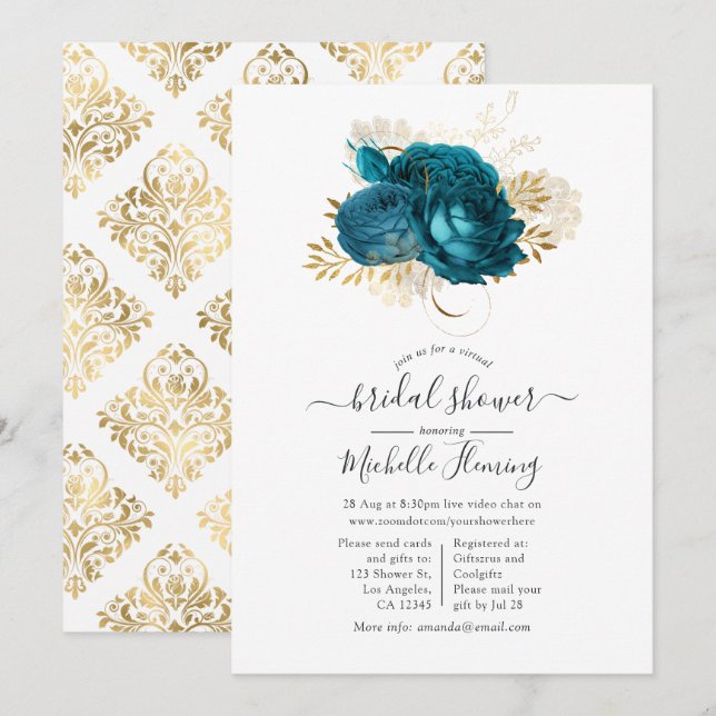 Turquoise and Gold Floral Virtual Bridal Shower Invitation (Front/Back)