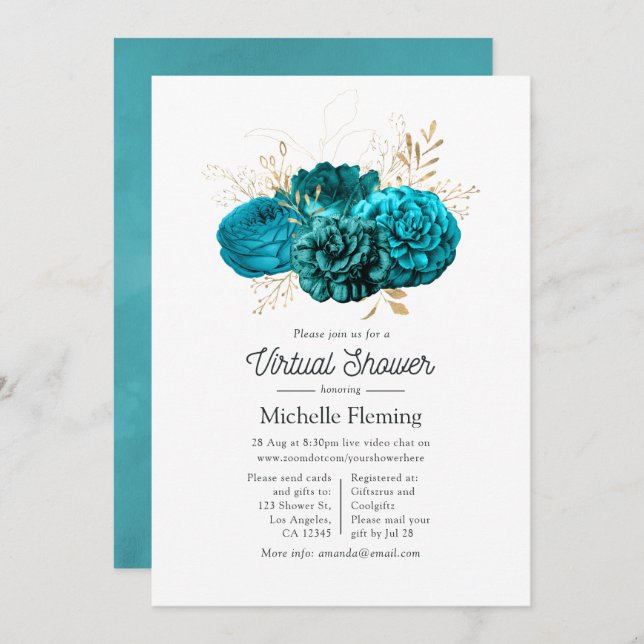 Turquoise and Gold Floral Virtual Shower Invitation (Front/Back)