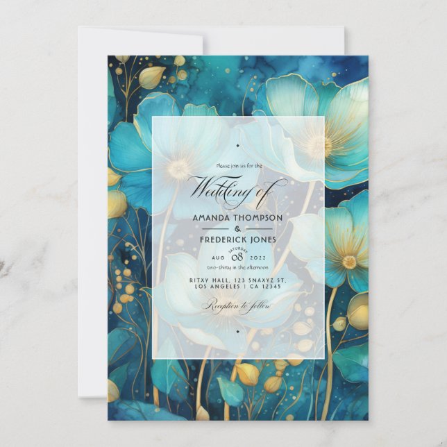Turquoise and Gold Floral Wedding Invitation (Front)