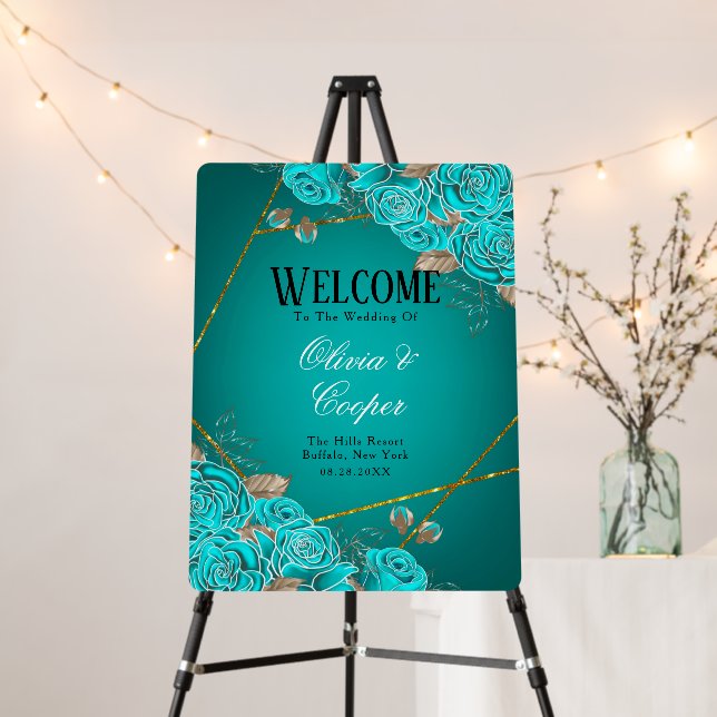 Turquoise and Gold Floral Wedding Welcome Sign (In Situ (Stand))