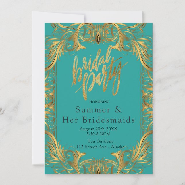 Turquoise and Gold Flourish Bridal Shower Invitation (Front)