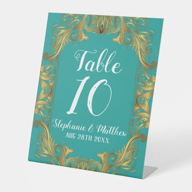 Turquoise and Gold Flourish Wedding Table Number Pedestal Sign (Front)